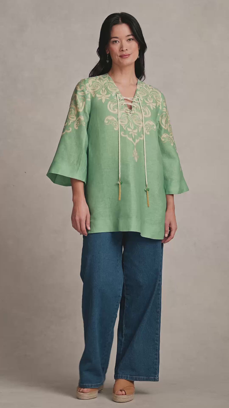 French Linen Tassel Kaftan - Gold Border Print