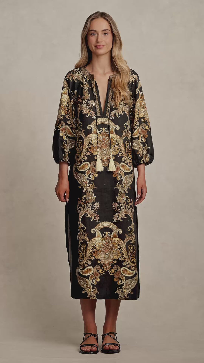 Printed Kaftan Dress - Gold Paisley Print