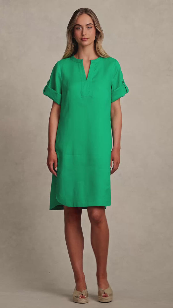 Buttoned Linen Shift Dress - Emerald Green