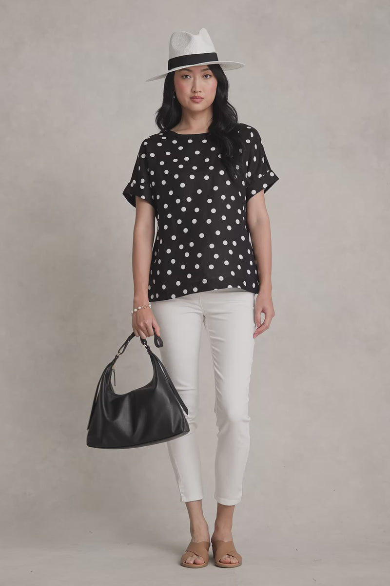 Linen Mix Top - Black Polka Dot