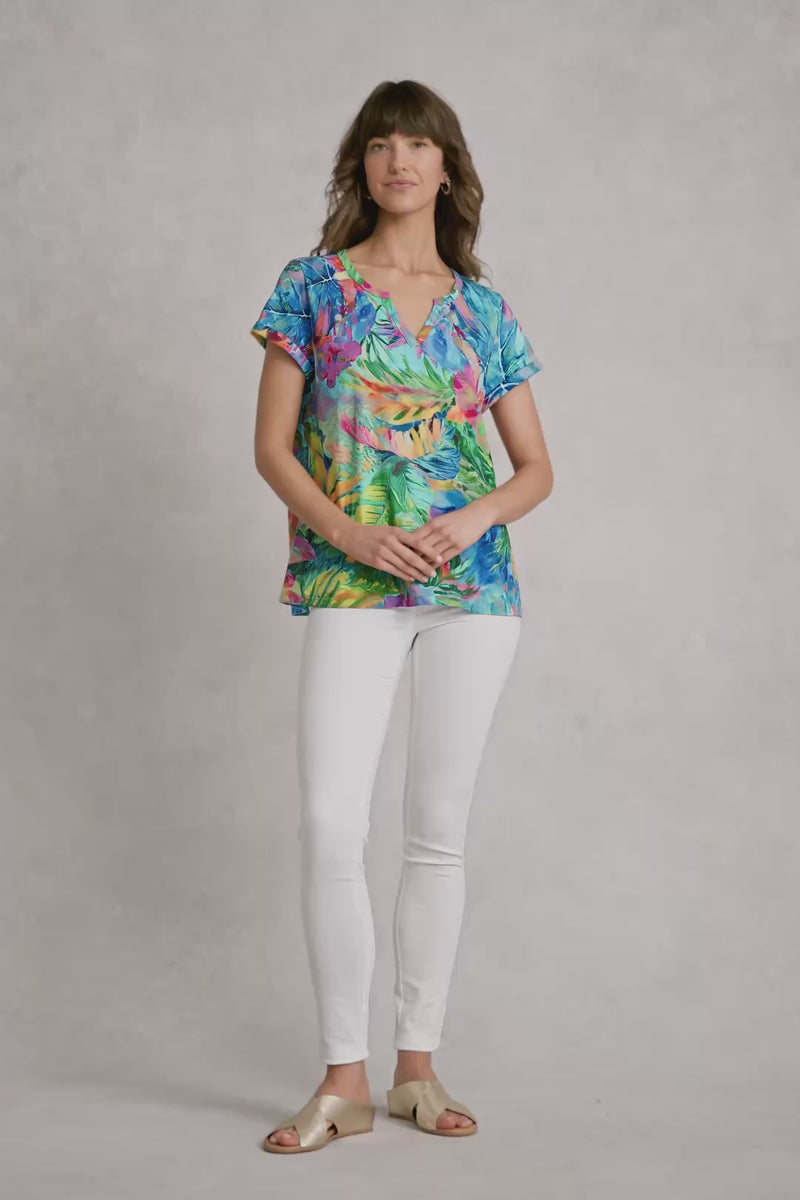 Notch Neck Cotton Tee - Vibrant Palm Print