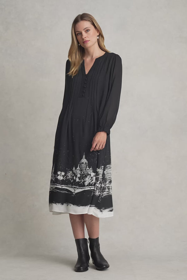 PINTUCK DRESS - EIFFEL BORDER PRINT