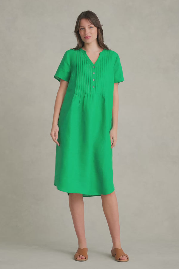 Pleated Front French Linen Dress - Vibrant Green