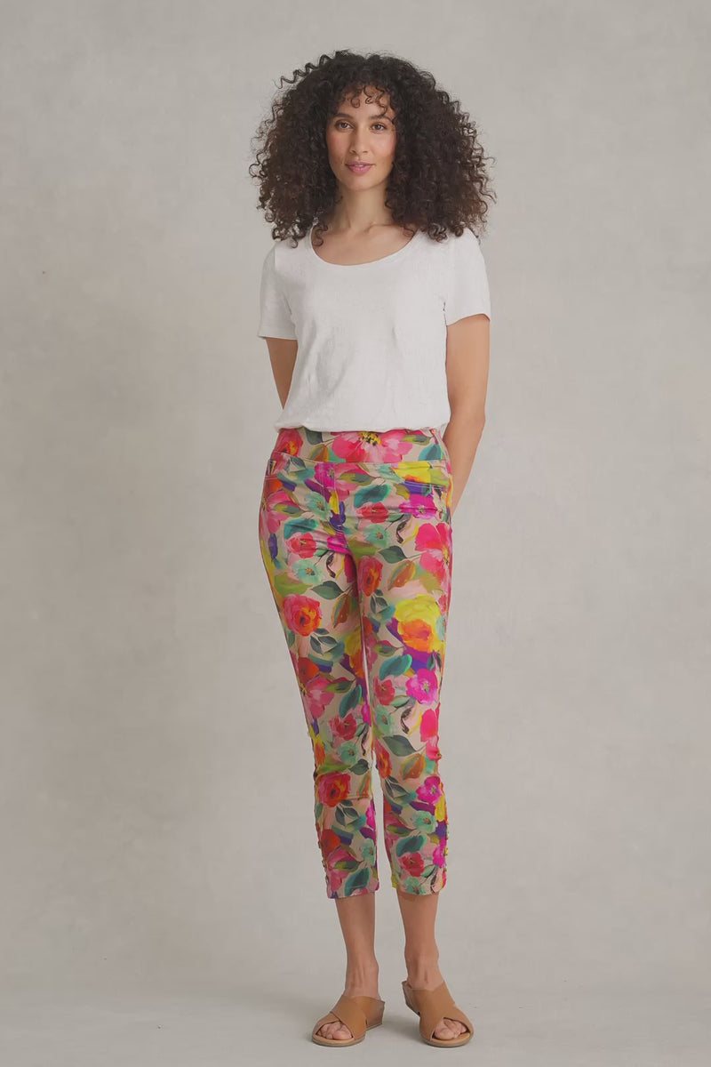 Bengajean Ankle Length Button Detail - Multi Roses Print