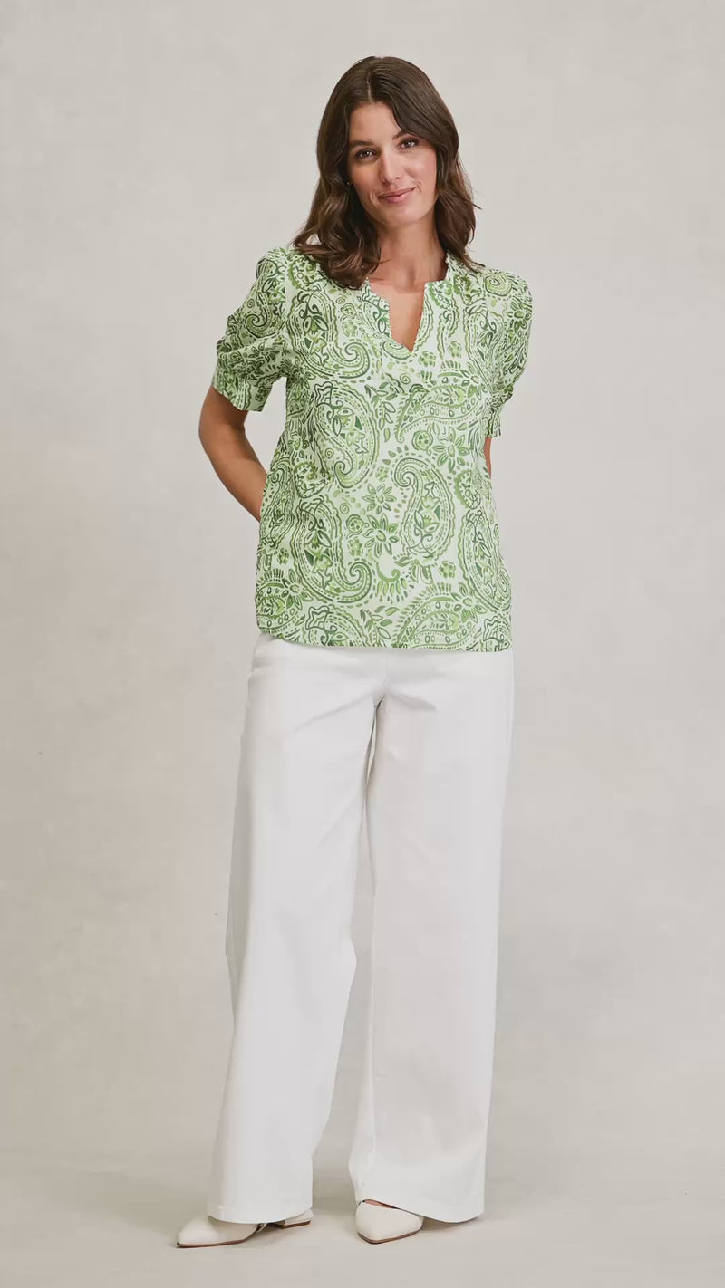 Ramie Cotton Blouse - Green Paisley Print