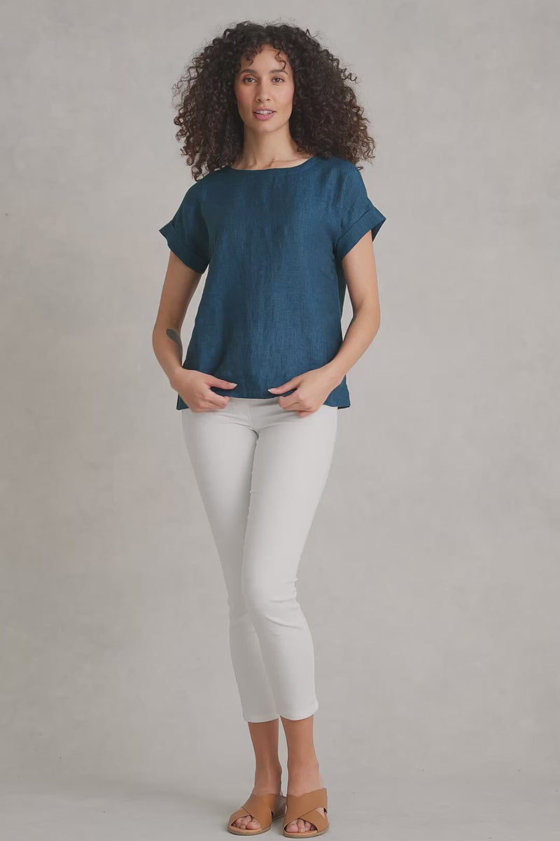 Linen Button Back Top - Navy Delave