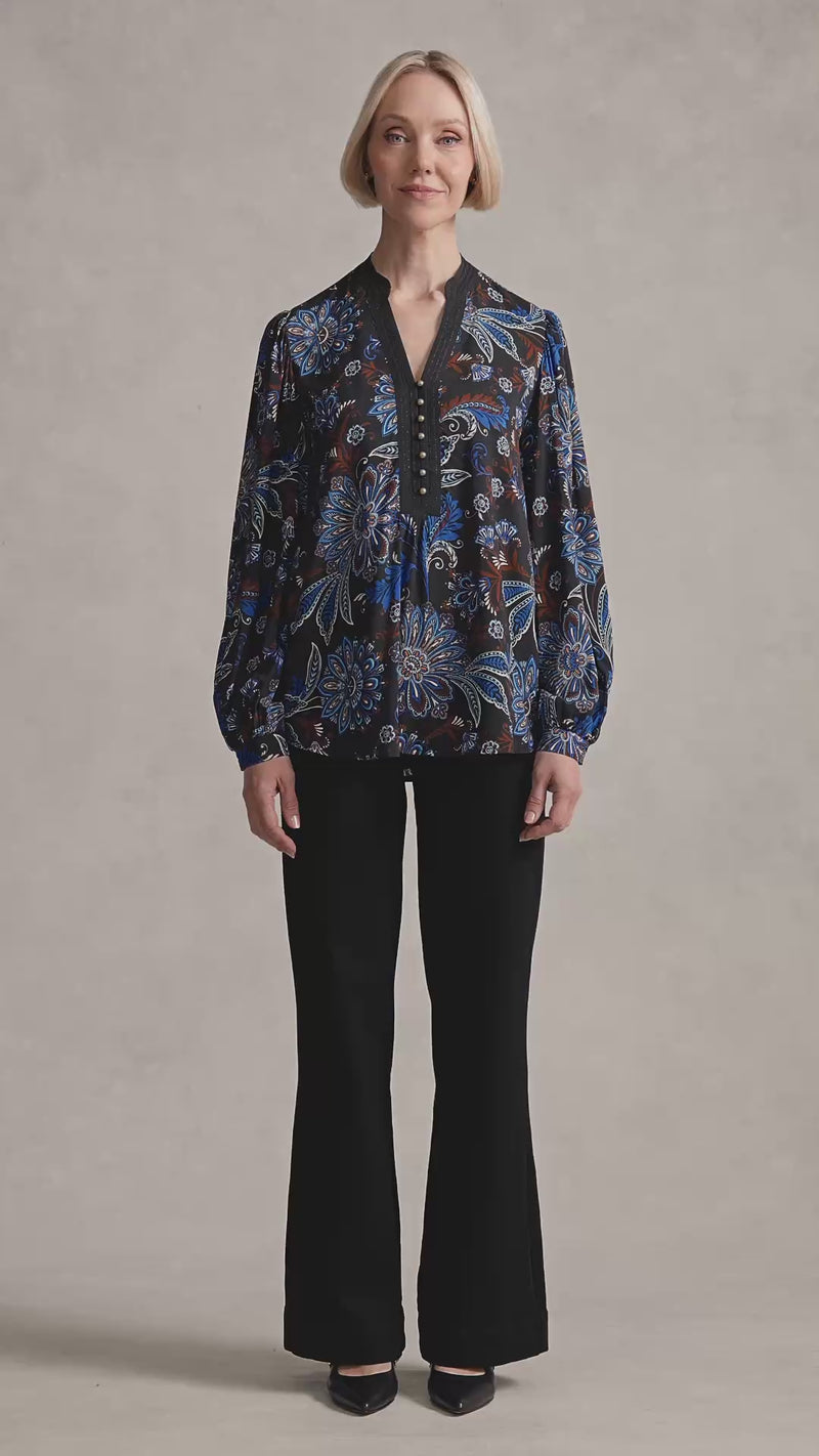 Notch Neck Blouse - Indigo Chintz Print