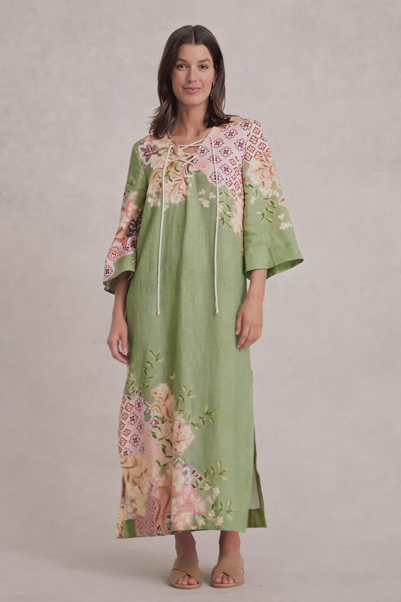 Linen Kaftan Dress - Patchwork Print