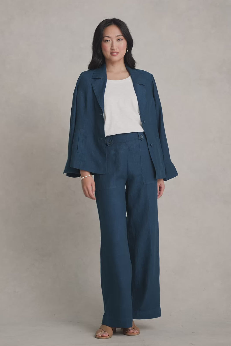 Full Length Waist Tab Linen Pant - Navy Delave