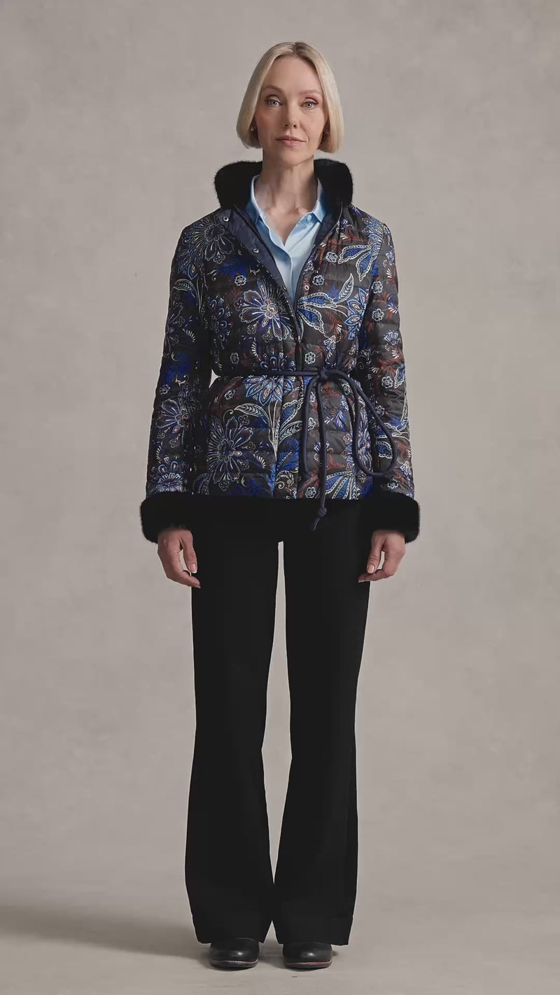 Fur Trim Reversible Puffer - Indigo Chintz Print