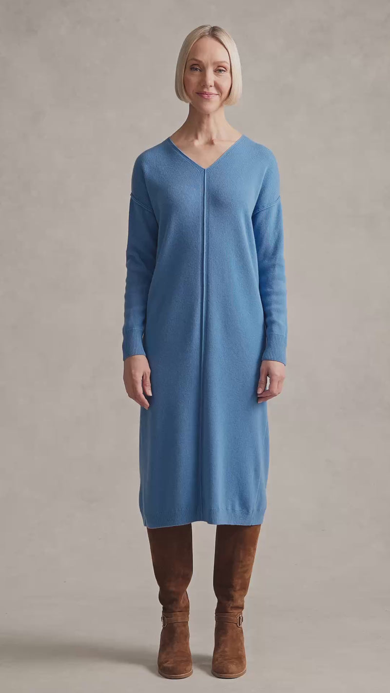 Merino V-Neck Knit Dress - Cornflower Blue