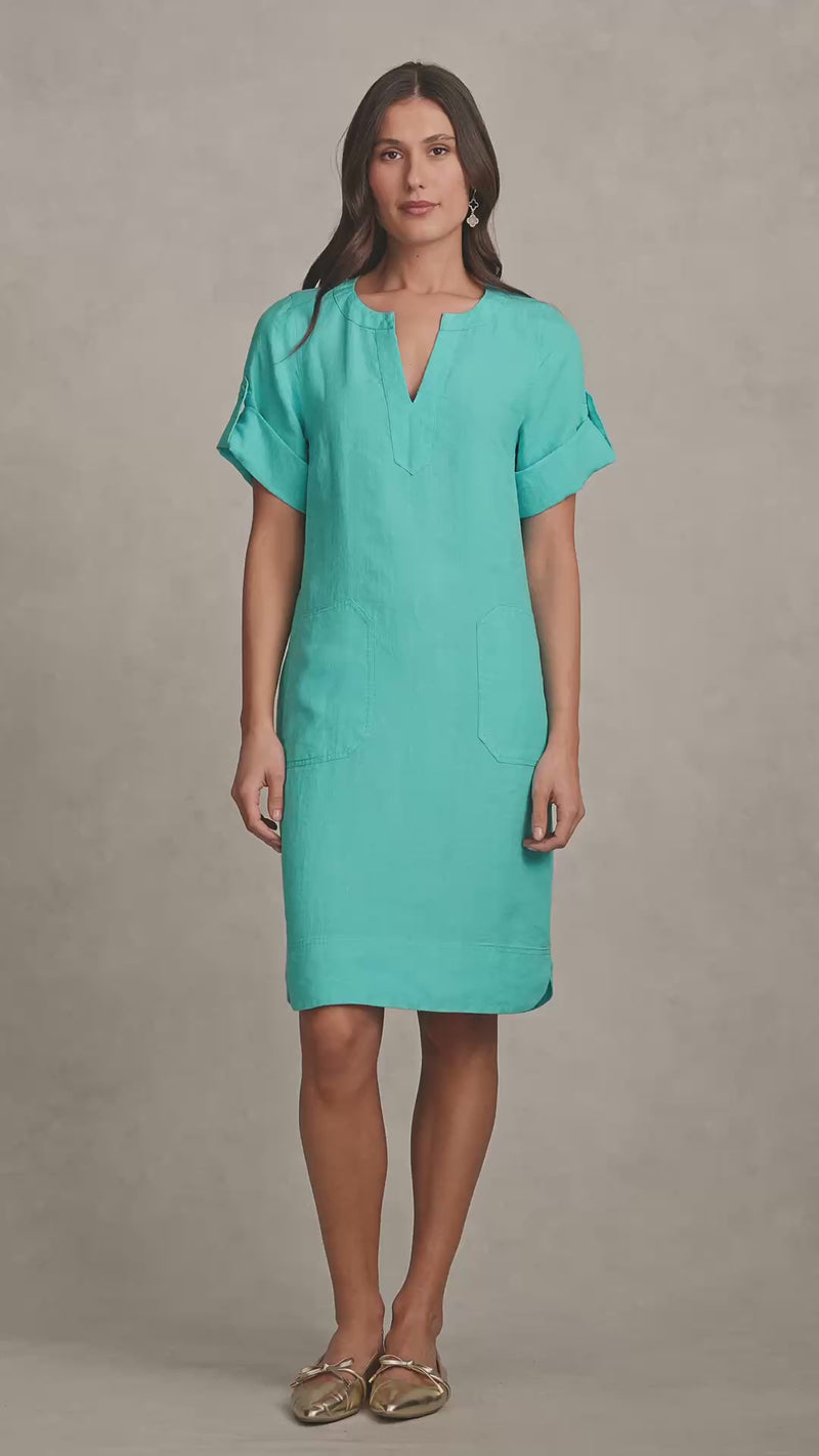 Stitch Detail Linen Dress - Aqua