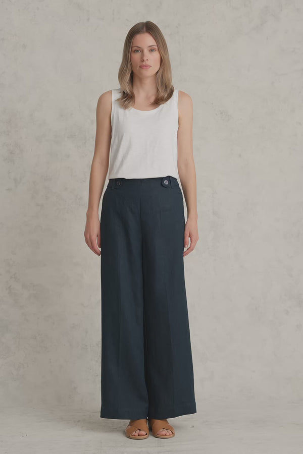 Full Length Waist Tab Linen Pant - Ink