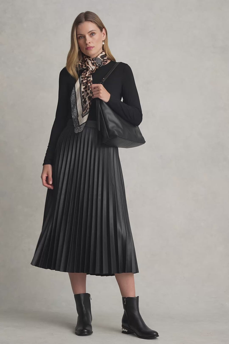 PLEATED FAUX LEATHER SKIRT - BLACK 