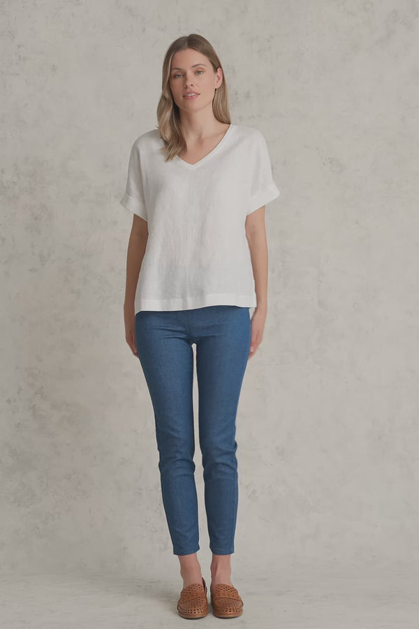 Linen Mix V-Neck Top - White