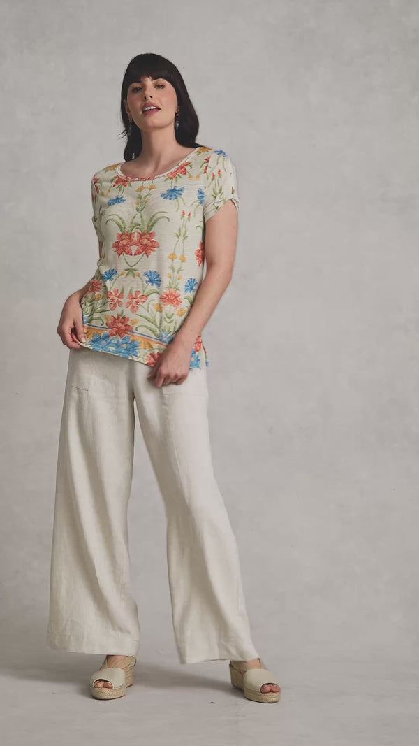 Twist Sleeve Linen T-Shirt - Paradise Print