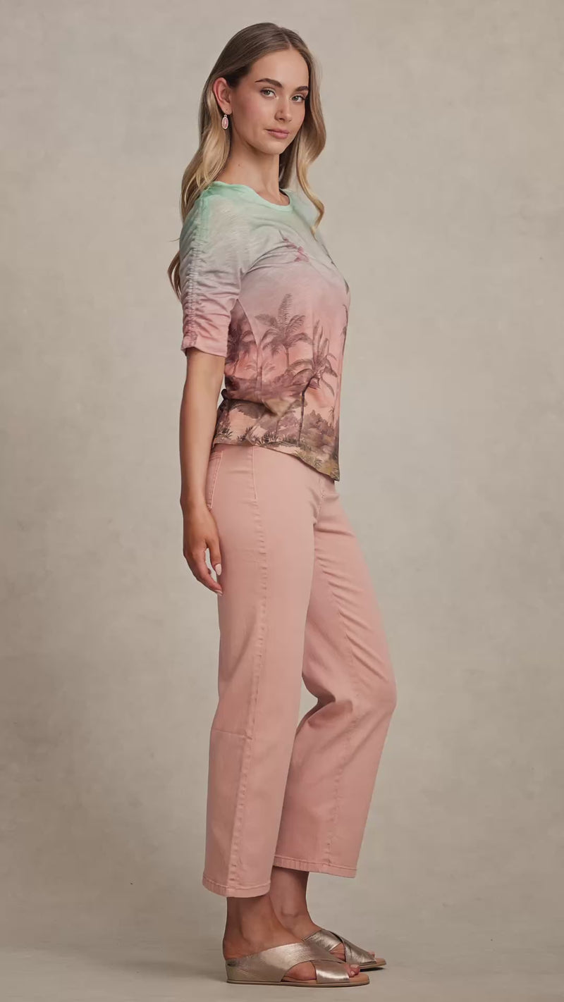 Ruched Sleeve T-Shirt - Sunset Tropics