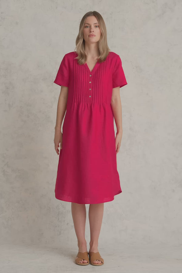 Pleated Front French Linen Dress - Rouge