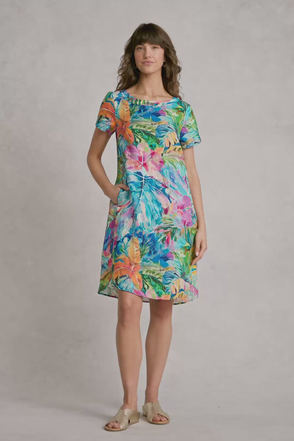 Printed Linen Dress - Vibrant Palm Print