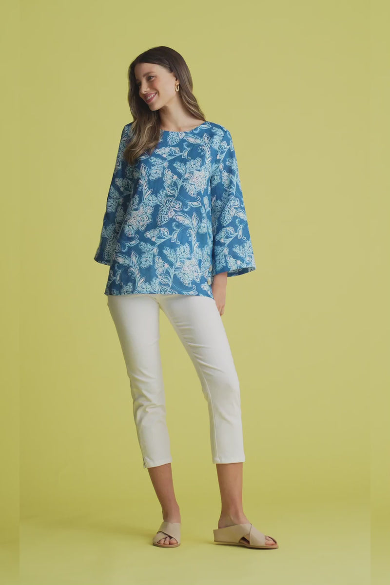 French Linen Button Detail Top - Blue Print
