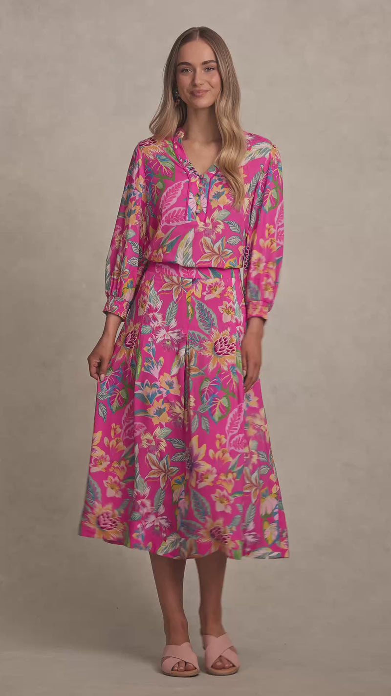 Button Detail Skirt - Pink Tropical Print