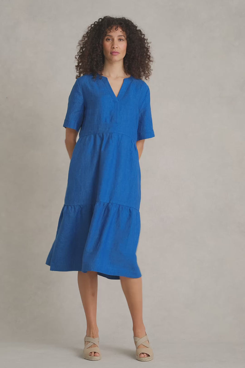 Tiered Linen Dress - Cobalt Cross Dye