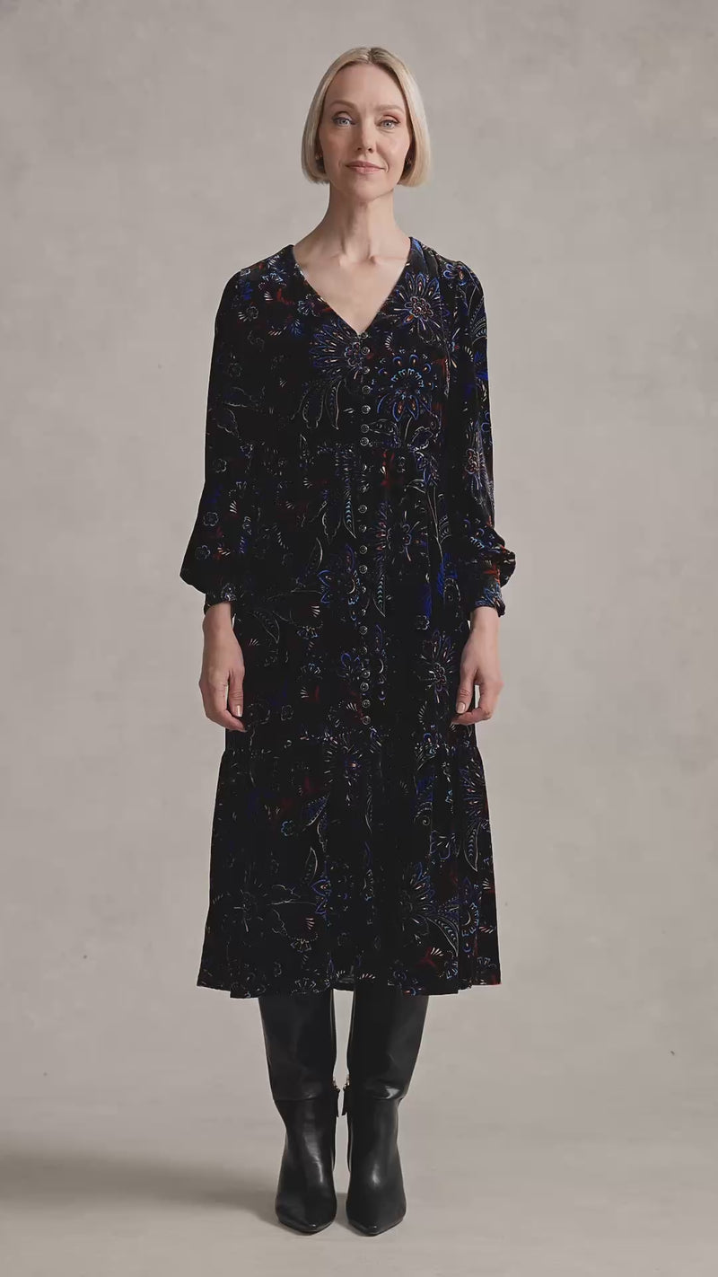 Printed Velvet Tier Dress - Indigo Chintz Print