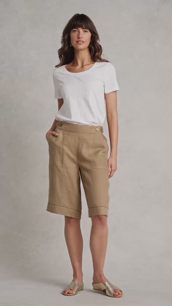 Tab Detail Linen Short - Camel Twill
