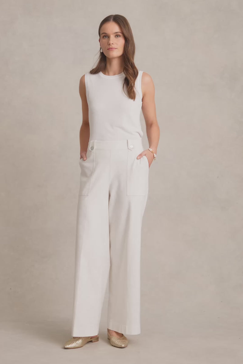 Full Length Waist Tab Linen Pant - White