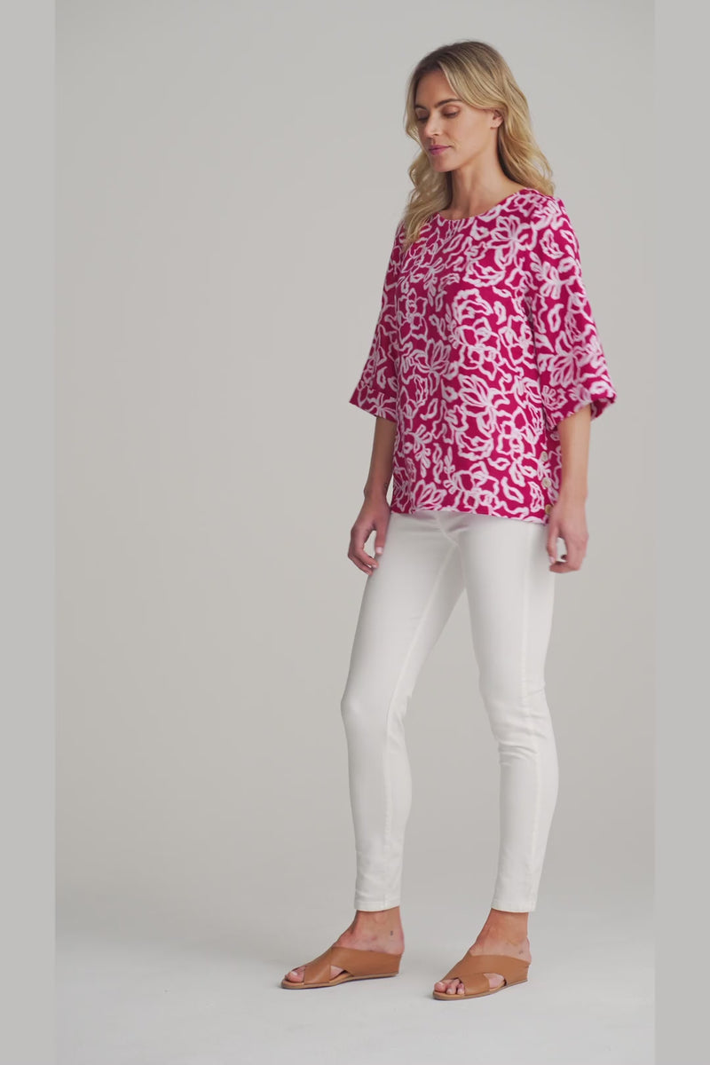 French Linen Button Detail Top - Pink White Floral