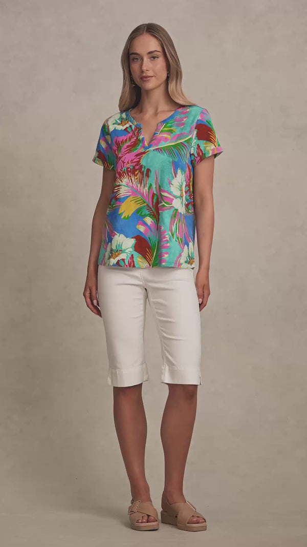 Notch Neck Cotton Tee - Tropics Print