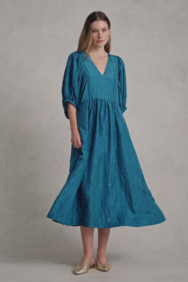 Gathered Sleeve Silk Dress - Teal
