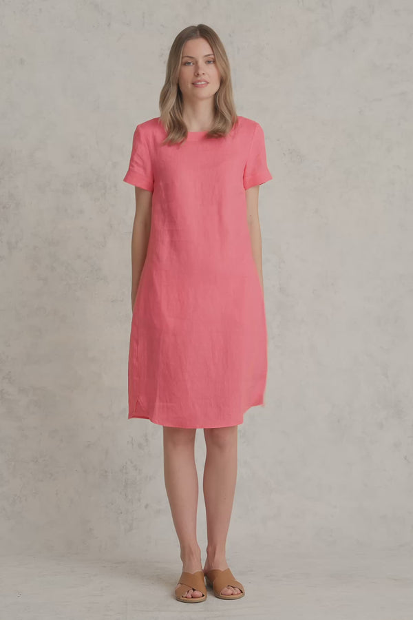 Scoop Neck Linen Dress - Coral