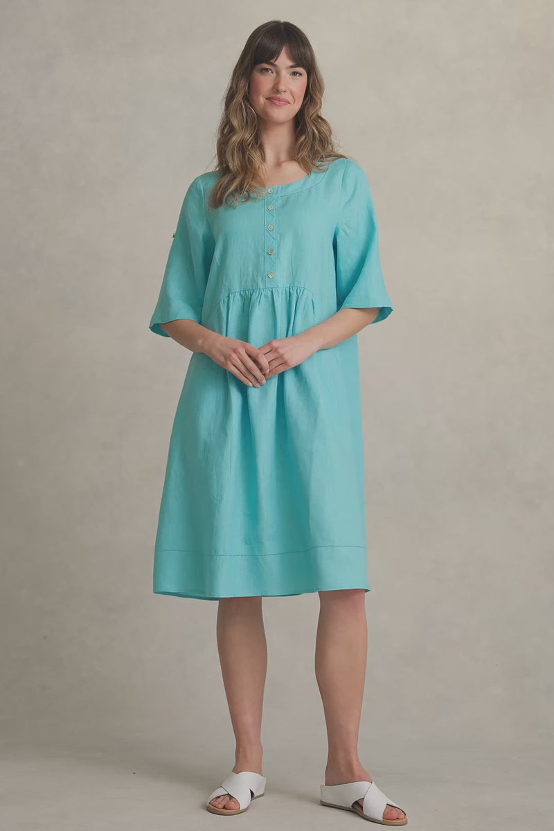 BUTTON DETAIL LINEN DRESS - BLUE LAKE