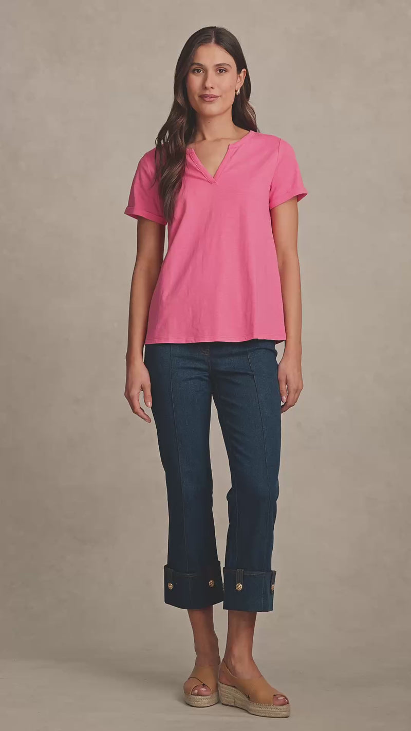 Notch Neck Cotton Tee - Hot Pink