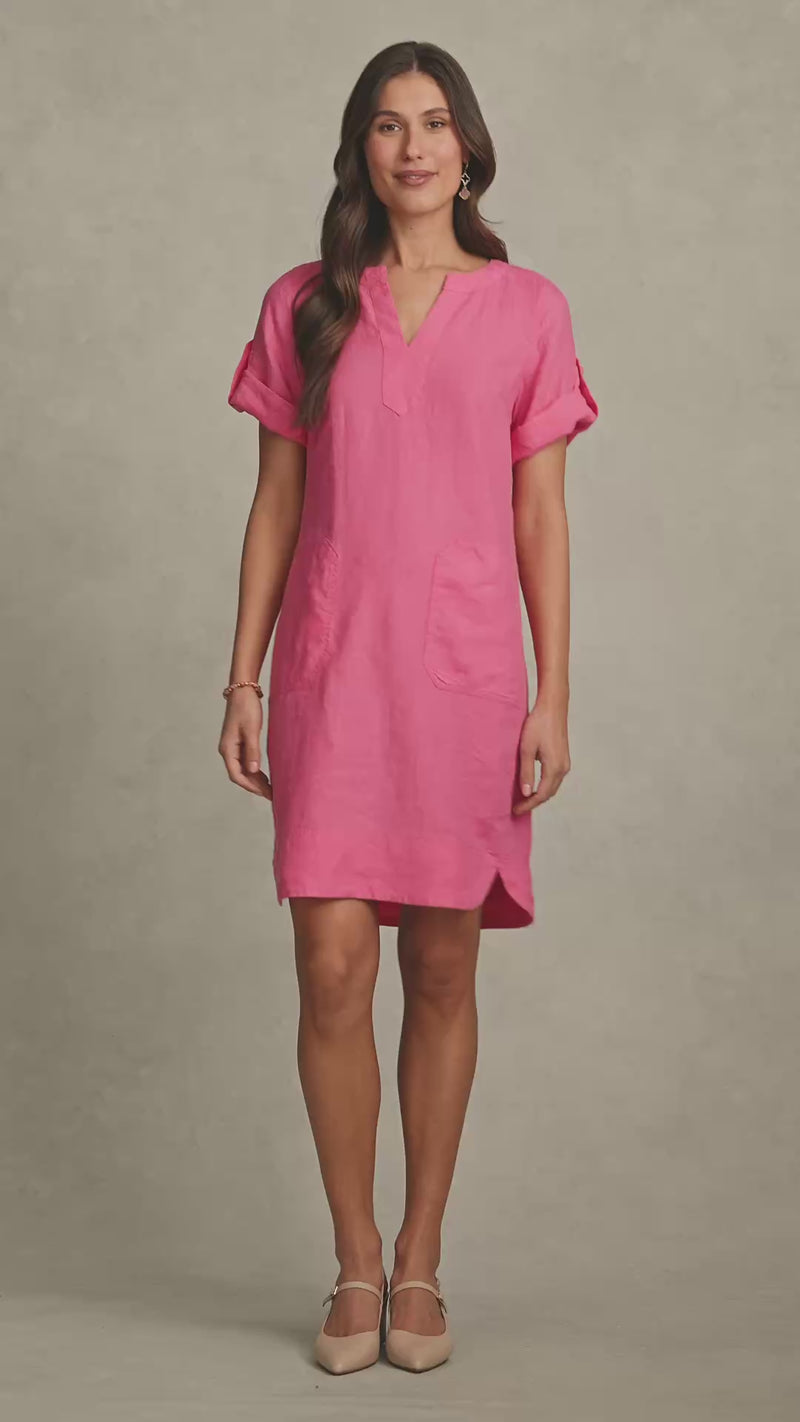 Stitch Detail Linen Dress - Sunset Pink