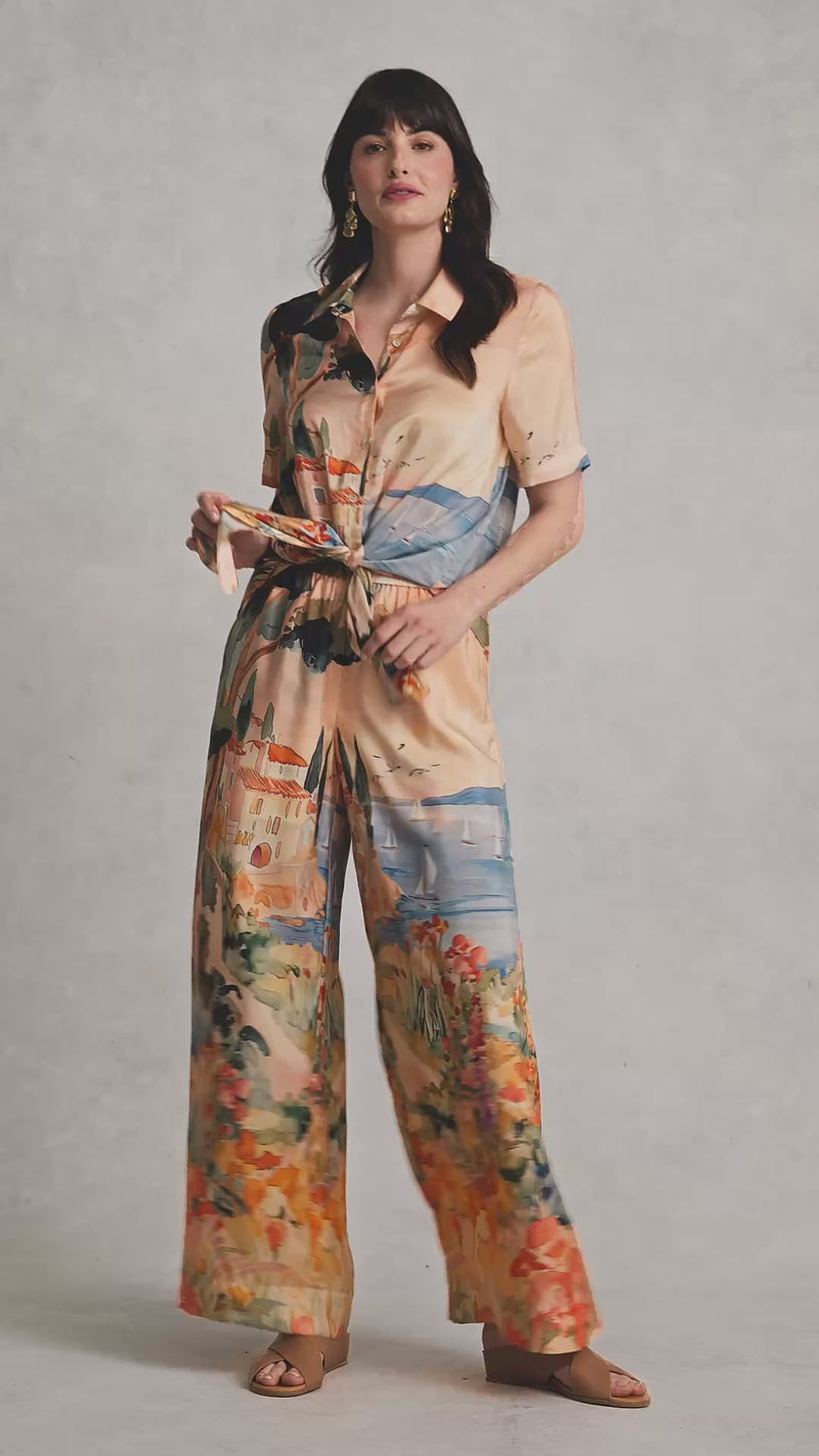 Scenic Print Silk Shirt - Coastal Scenic Print