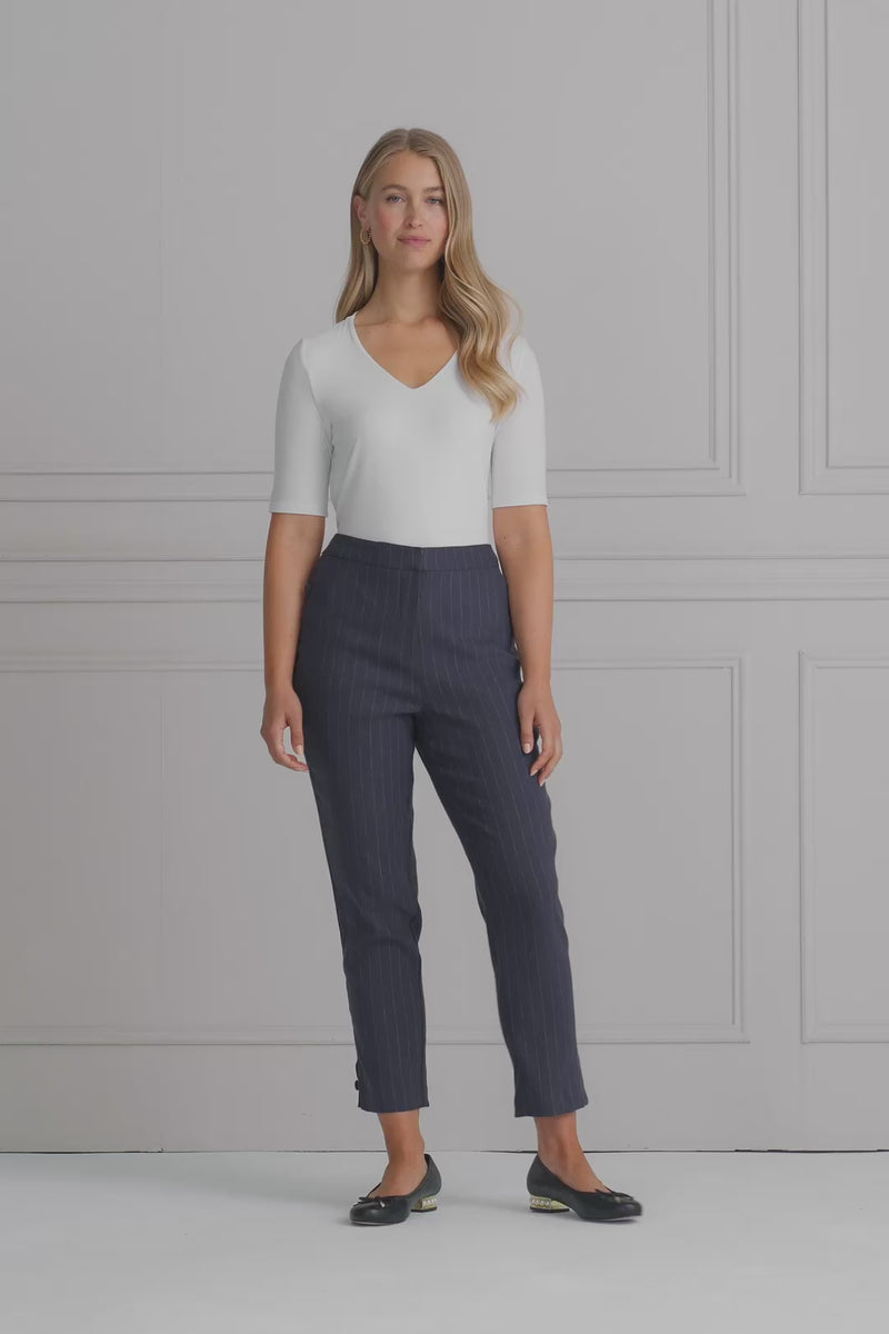 Tab Detail Linen Pant - Charcoal Pinstripe