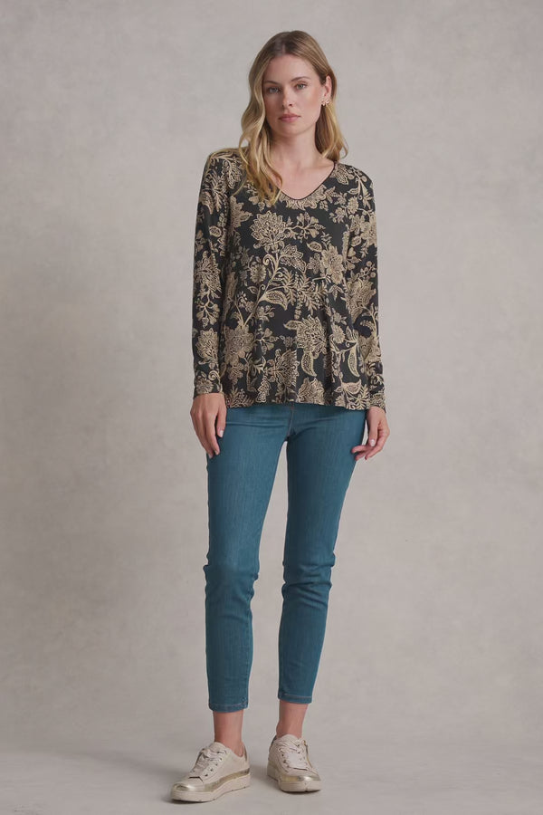 SCOOP NECK RELAXED T-SHIRT - BLACK/STONE PAISLEY