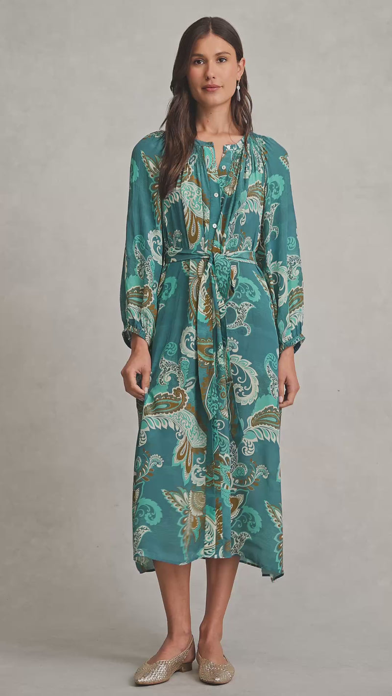 Gathered Trapeze Dress - Vivid Paisley Print