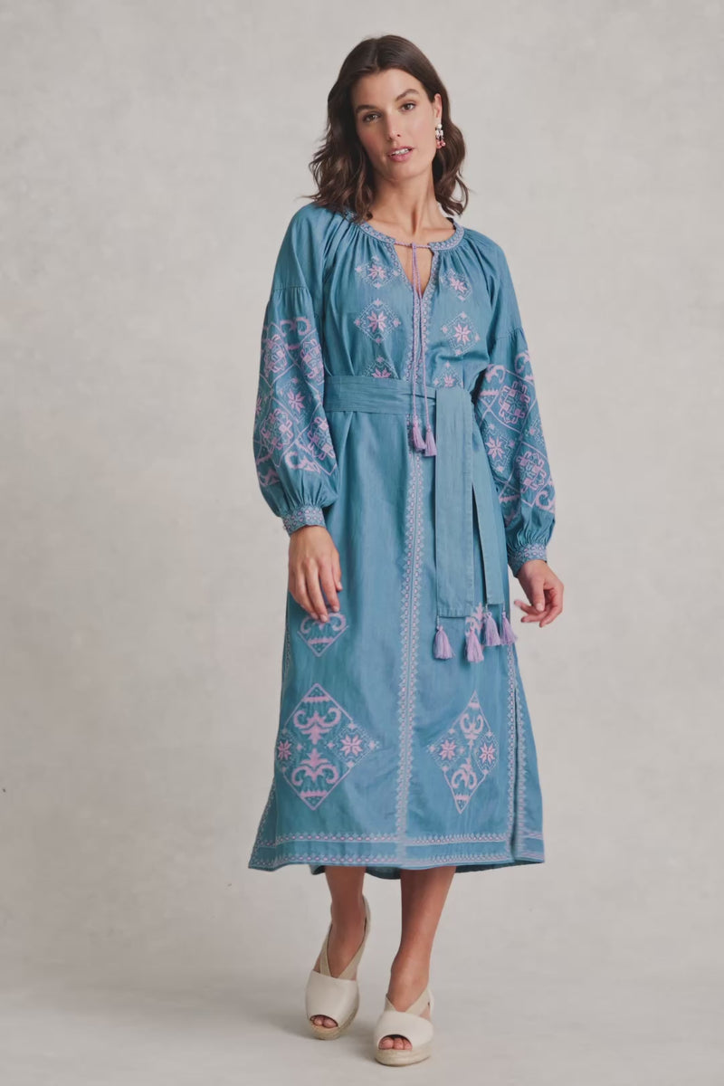 Embroidered Folk Dress - Mid Denim Blue