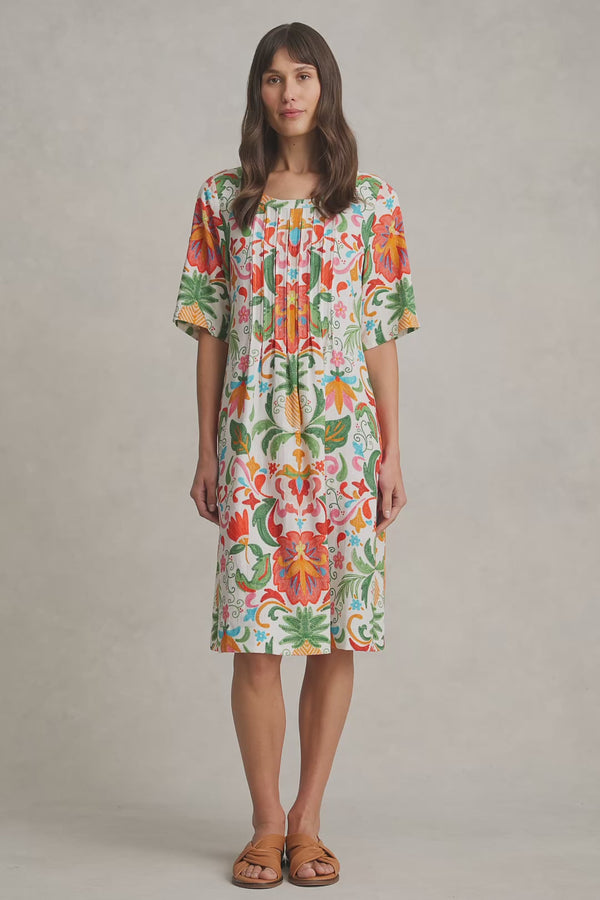 Linen Blend Pleat Front Dress - Tropical Tambour Print