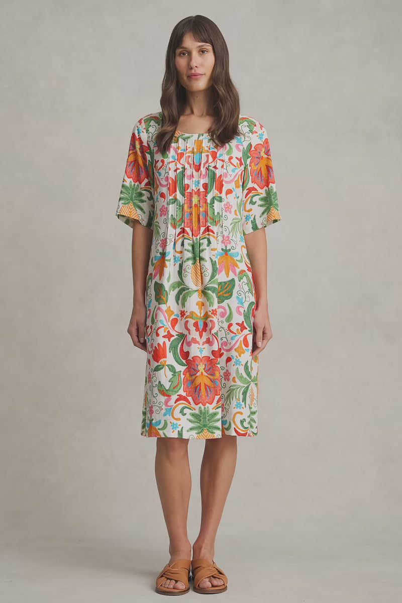 Linen Blend Pleat Front Dress - Tropical Tambour Print