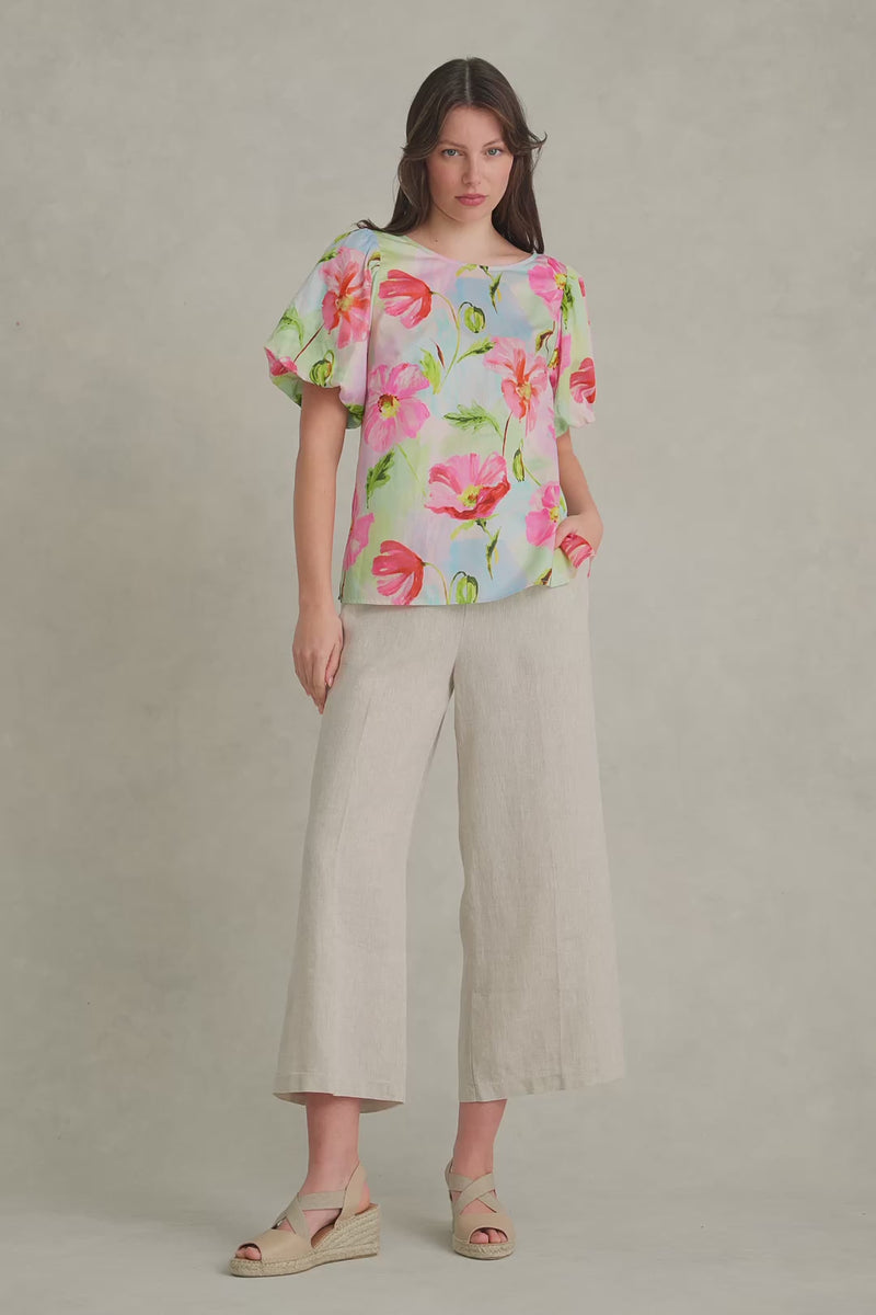 Cotton Puff Sleeve Top - Painterly Meadow Print