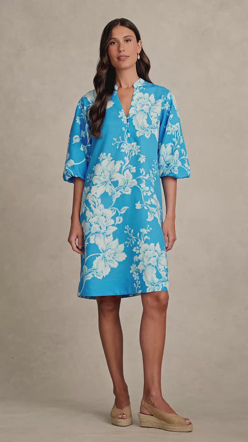Printed A-Line Dress - Blue Floral Print