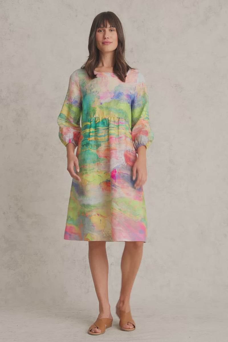 Printed Linen Dress - Abstract Landscape Print