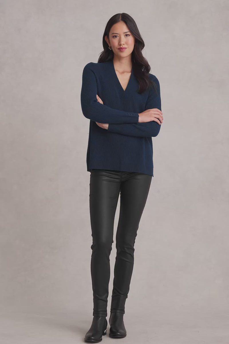 Ribbed V-Neck Wool Jumper - Midnight Blue