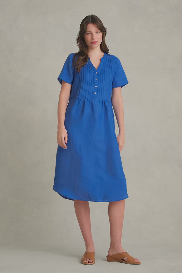 Pleated Front French Linen Dress - Indigo Blue