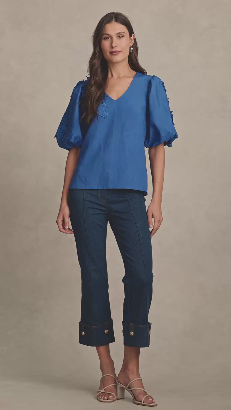 Puff Sleeve Appliqué Blouse - Cobalt
