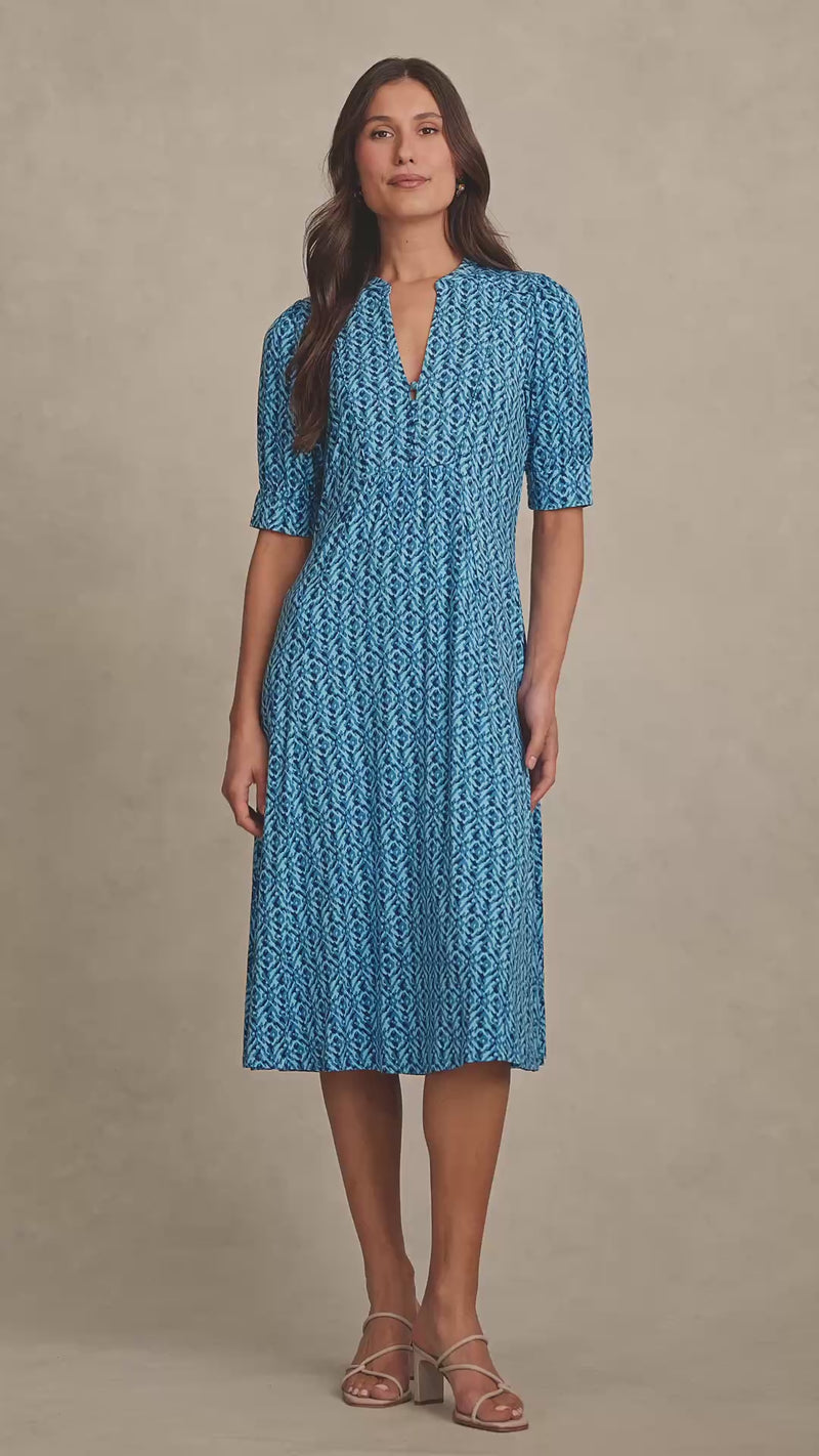 Jersey Midi Dress - Blue Tone Ikat Print